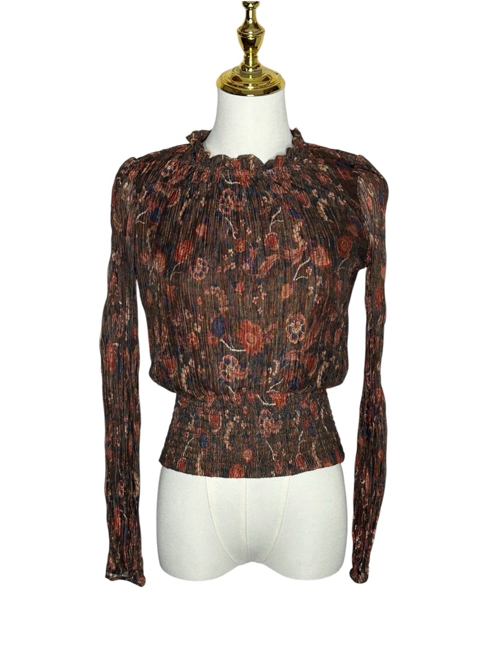 Joie Floral Plisse Brown Smocked-Waist Long-Sleeve Blouse Sz S Ren Faire Boho